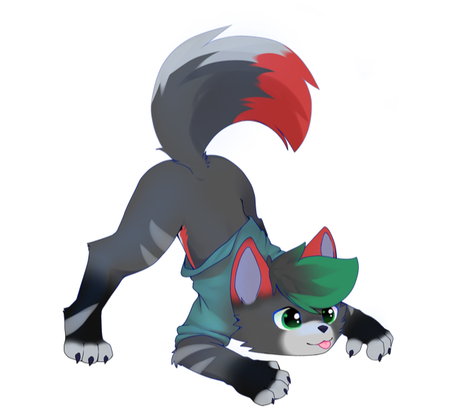 The Firstfall mascot: a small dark-grey wolf-like critter with a red-tipped tail, a green tuft of hair, green eyes and a teal hoodie, doing a playful bow.